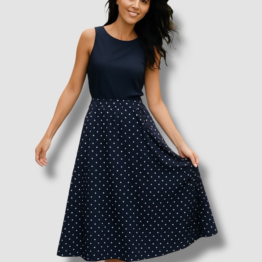 Loft Plus | Women’s Polka Dot Knee Length Navy White Polkadots Flowers Skirt